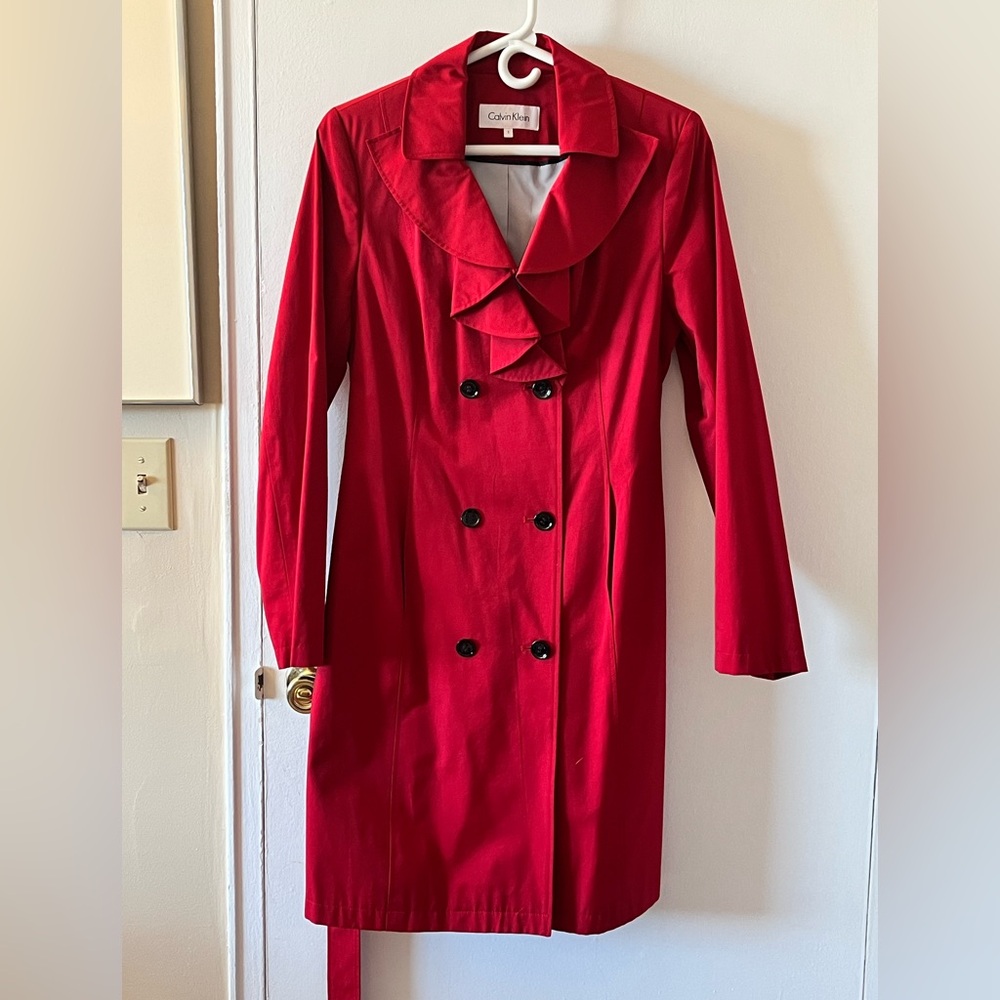 Elegant Red Spring Coat w/ Ruffles. Fully lined! Double-Breasted